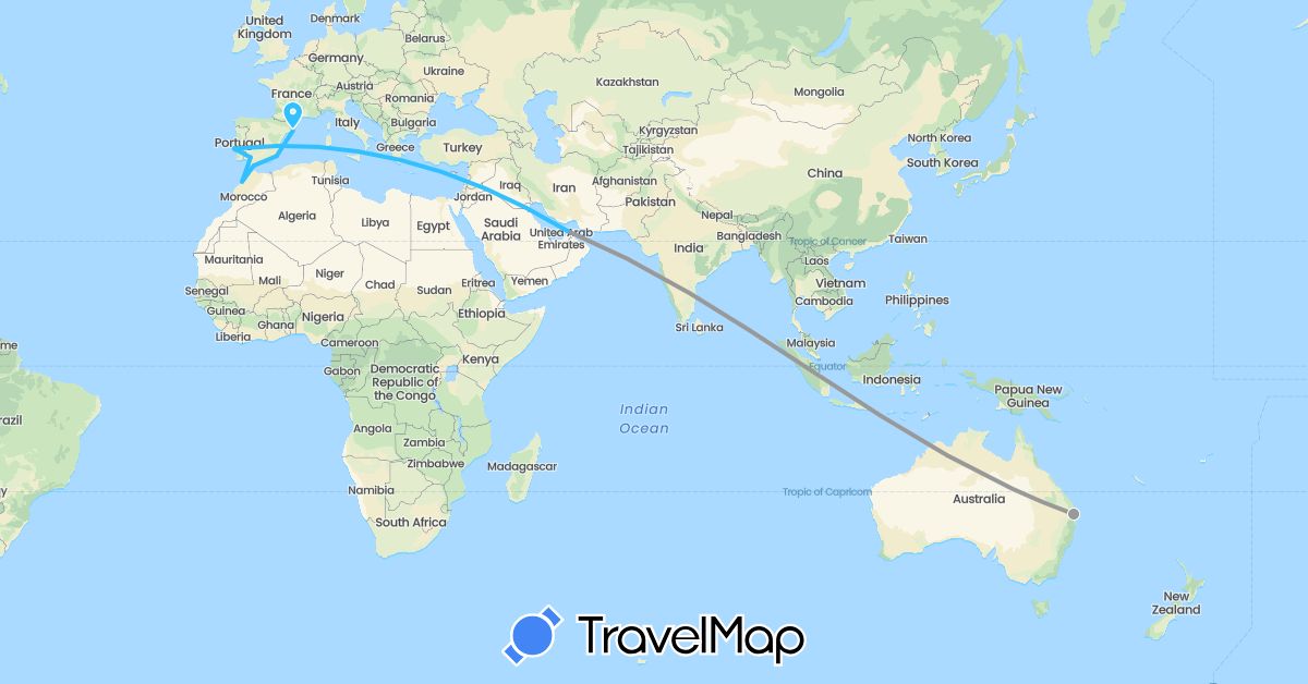 TravelMap itinerary: driving, plane, boat in United Arab Emirates, Australia, Spain, Gibraltar, Morocco, Portugal (Africa, Asia, Europe, Oceania)